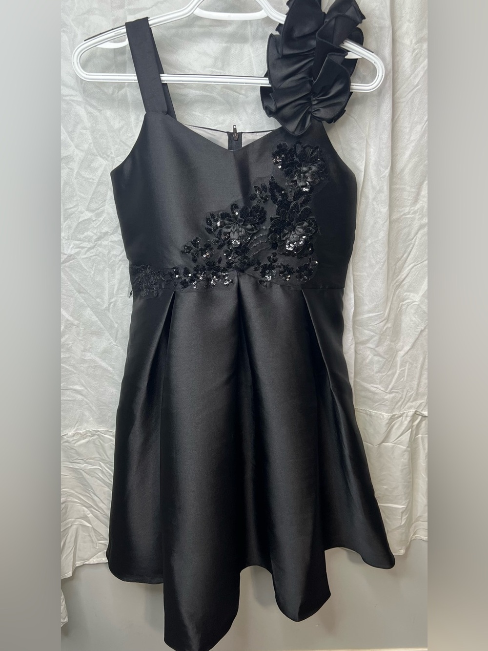Bonnie Jean Black Satin Floral Appliqué Girls' Dress